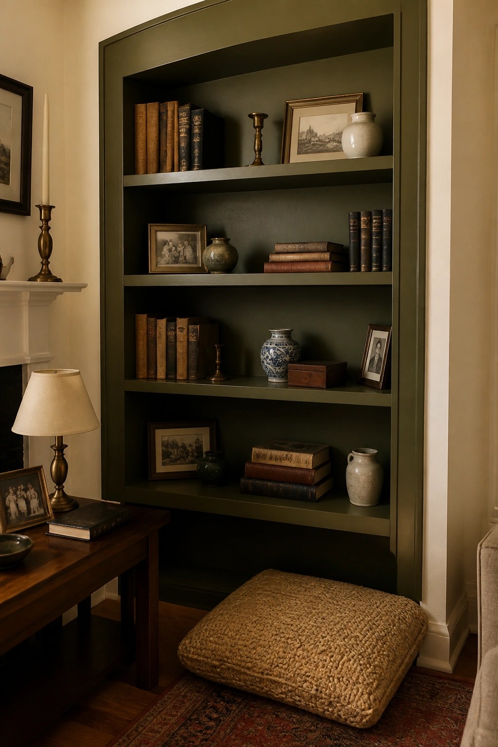 Dark green built-in bookshelf with books, vases and frames above woven pouf.