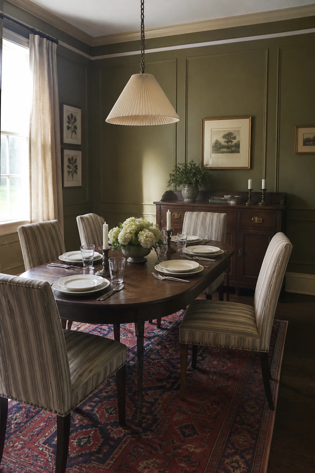 Olive green paneled walls in a traditional dining room with dark wood furniture.