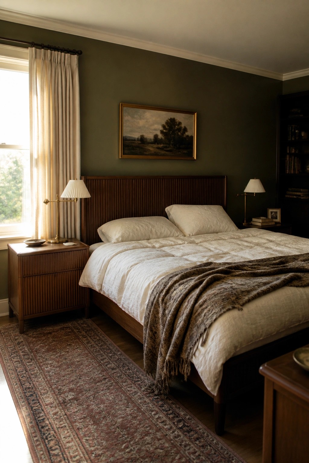 Deep olive green walls in a bedroom with dark wood furniture and a large window.