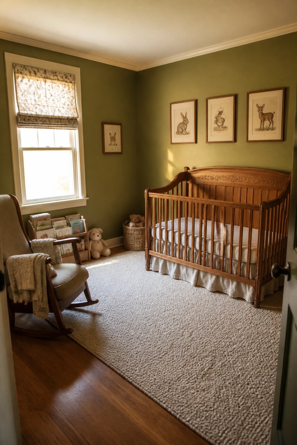 Olive green walls in a traditional nursery with a wooden crib and rocking chair.