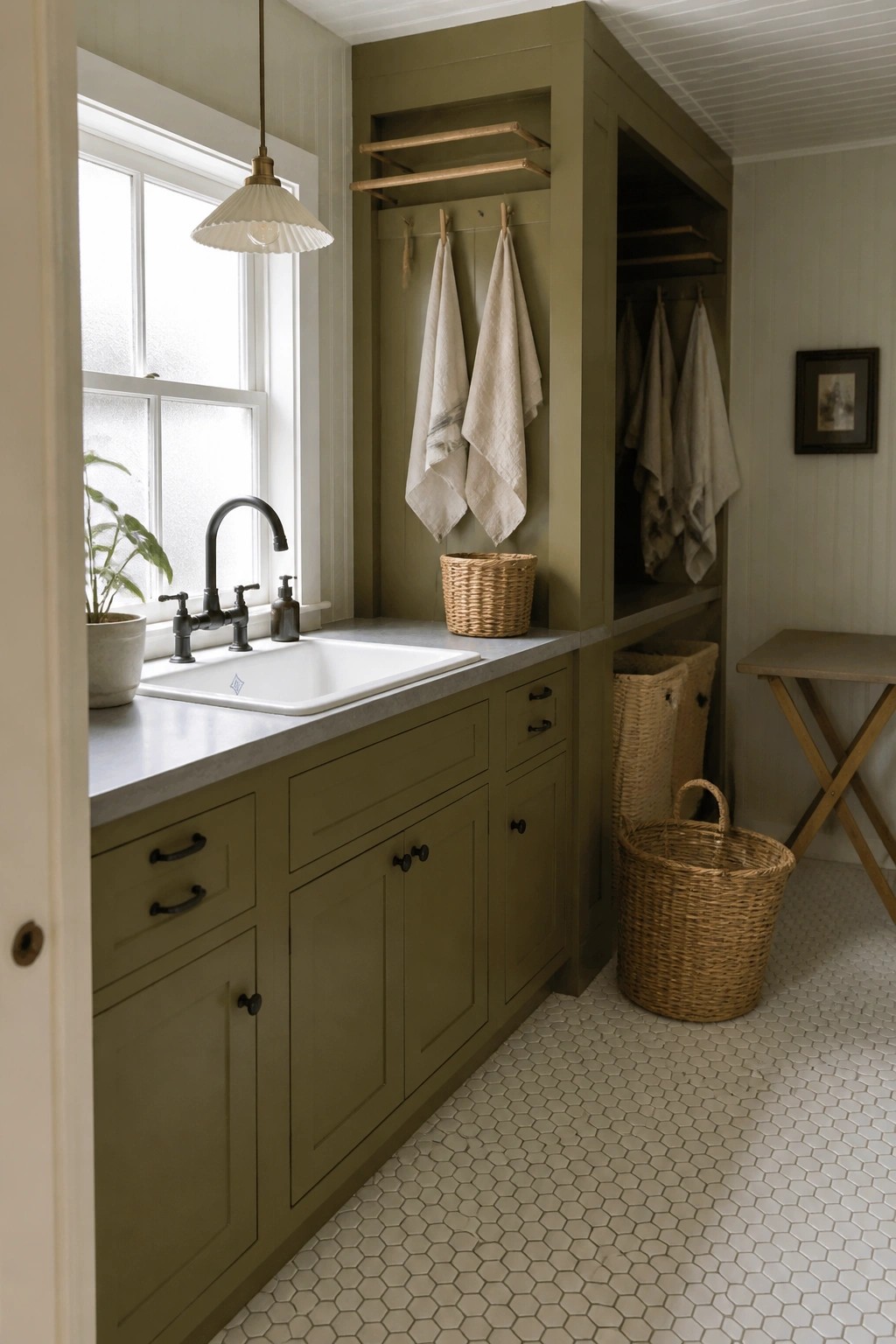 Olive green cabinets and built-in storage in a traditional utility room with a white sink and gray countertop.