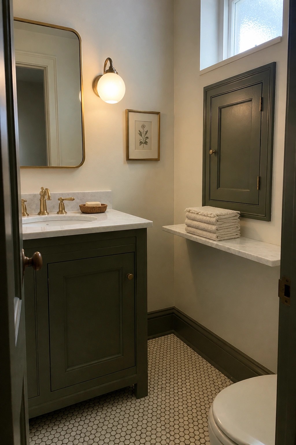 Olive green vanity and wall cabinet in a small traditional bathroom with white marble.