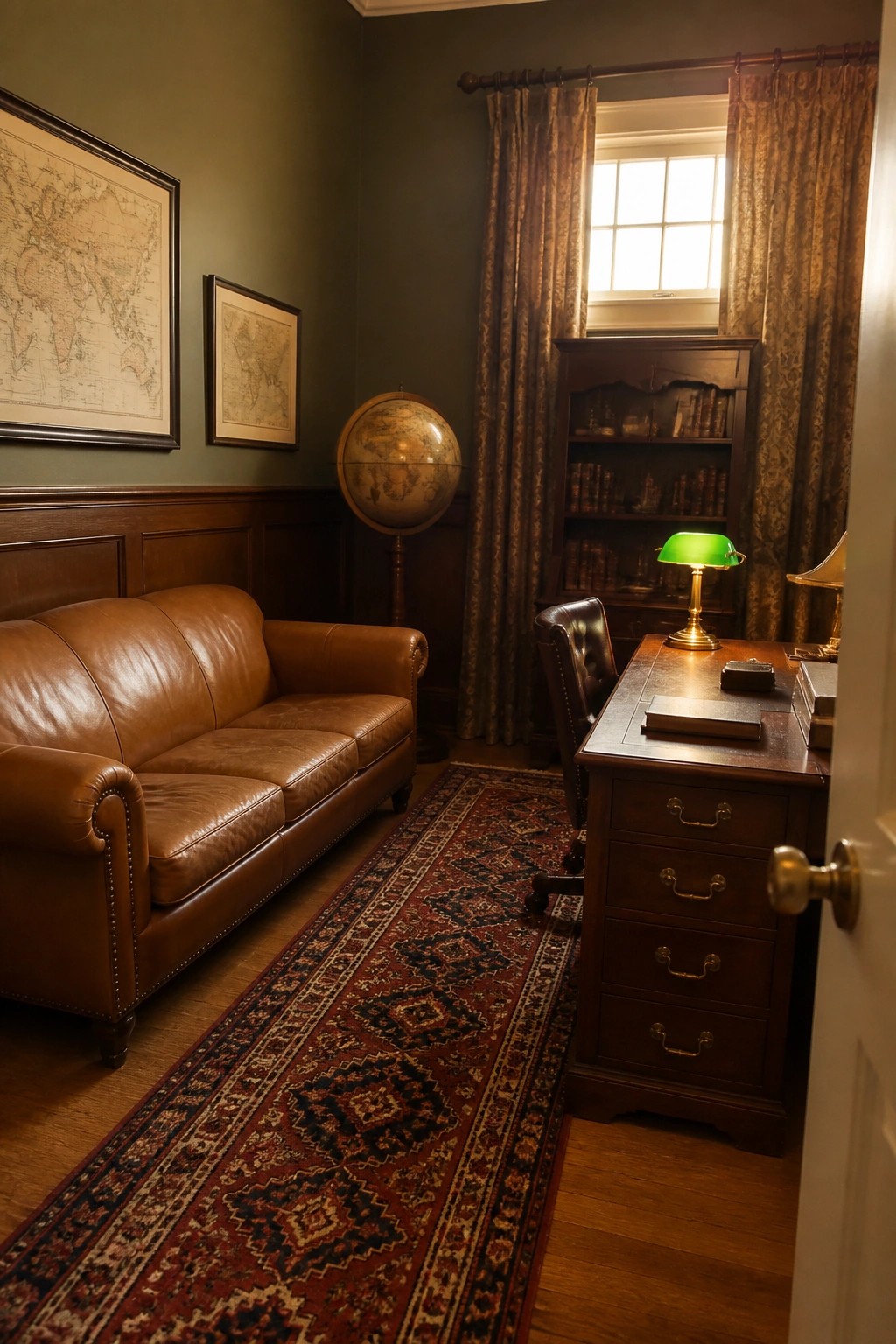 Olive green walls paired with dark wood paneling in a traditional study.
