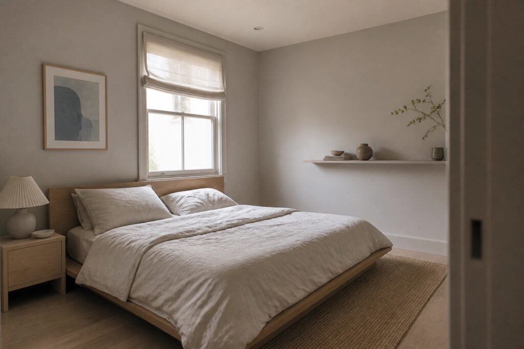 22 Elegant Small Room Paint Colors for Calm Low-Contrast Interiors Minimalist bedroom with wooden platform bed, rumpled beige linens, woven rug, and floating shelf.