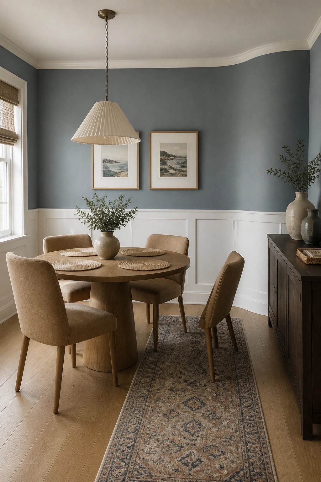 A dining room featuring muted blue-gray walls above white wainscoting with a round wooden table and chairs.