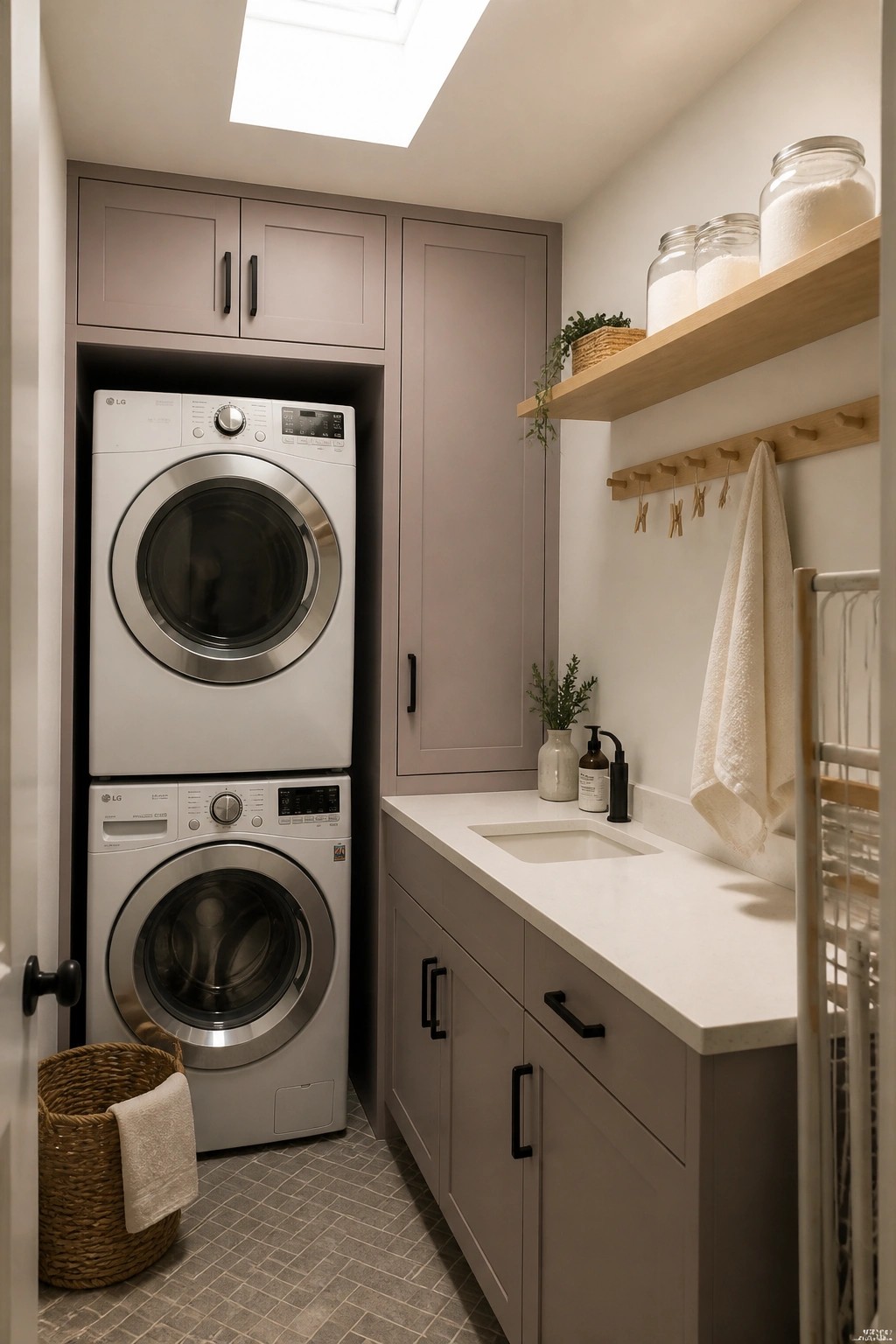 Modern laundry room with stacked LG washer-dryer, gray cabinets, white sink, and wooden shelves