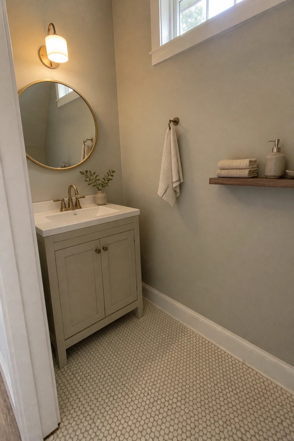 Gray vanity sink with round gold mirror, wooden shelf, and hexagonal tile floor.