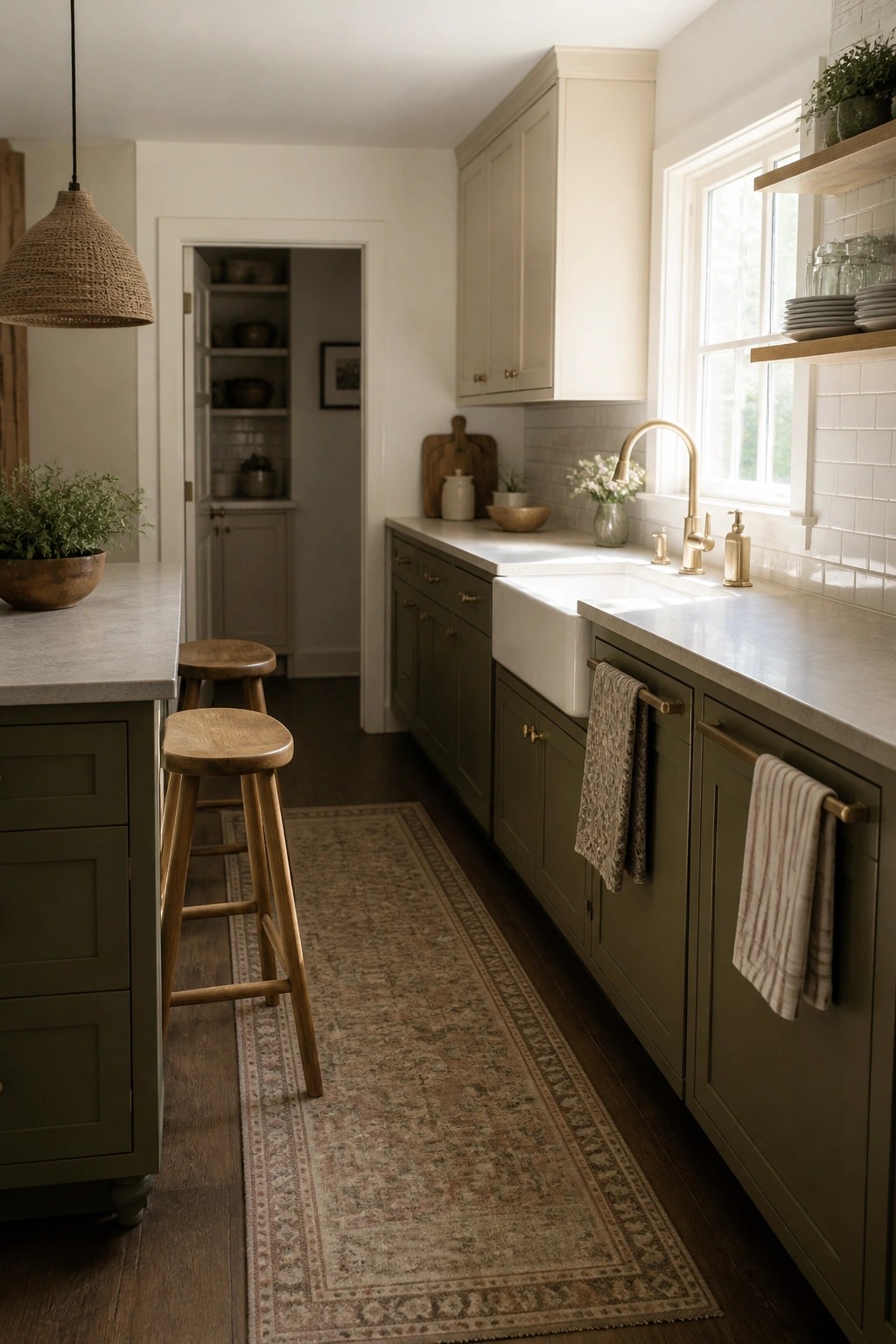 Cozy kitchen with sage green cabinets, marble counters, wooden stools, and patterned rug.