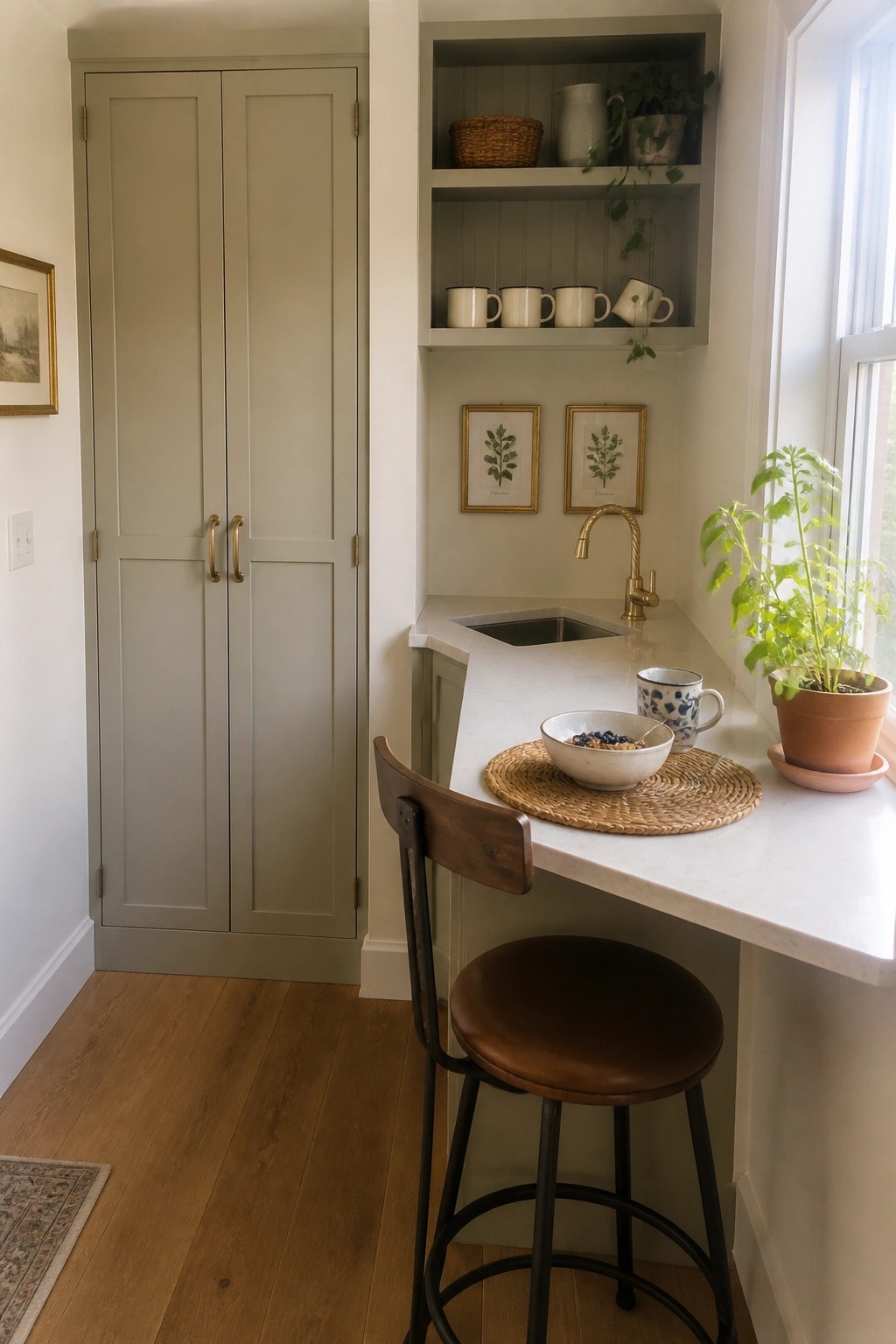 Cozy kitchen nook with gray cabinets, marble counter, brown stool, and plants.