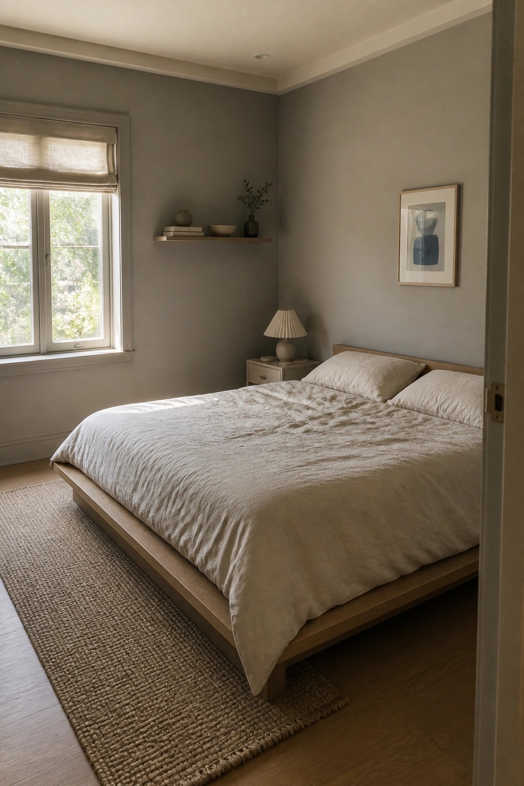 Minimalist bedroom with wooden platform bed, rumpled beige linens, woven rug, and floating shelf.