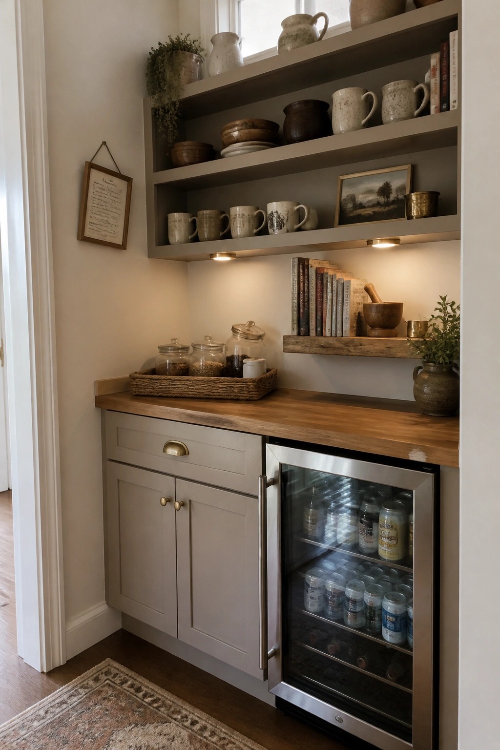Soft greige painted cabinets and drawer fronts under a wood countertop in a small built-in nook.