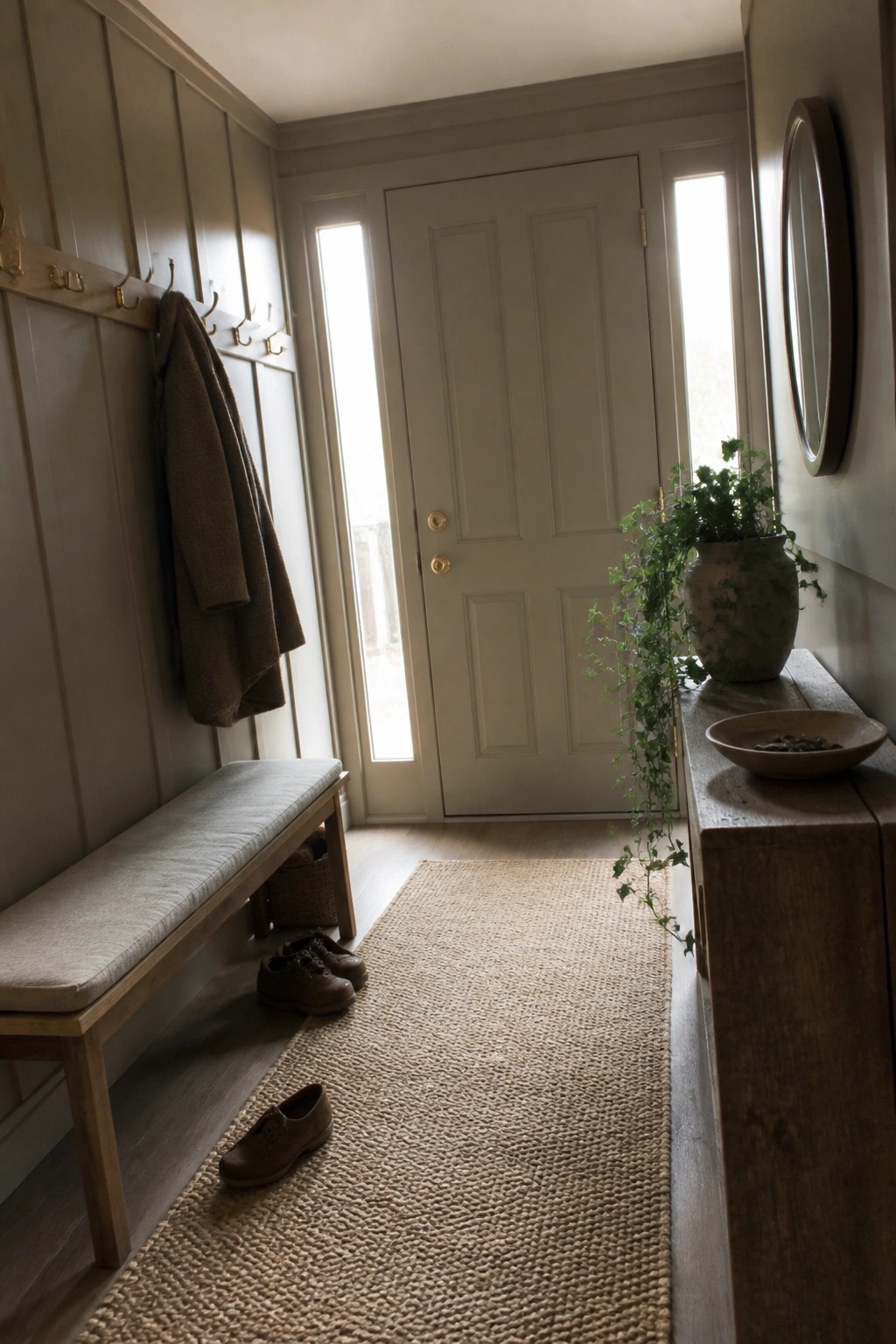 Neutral entryway with wooden bench, hanging coat, shoes on woven rug, and potted plant.