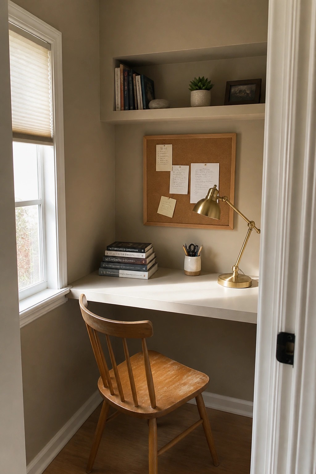 Warm beige walls in a small built-in desk nook with white desk and wood chair.