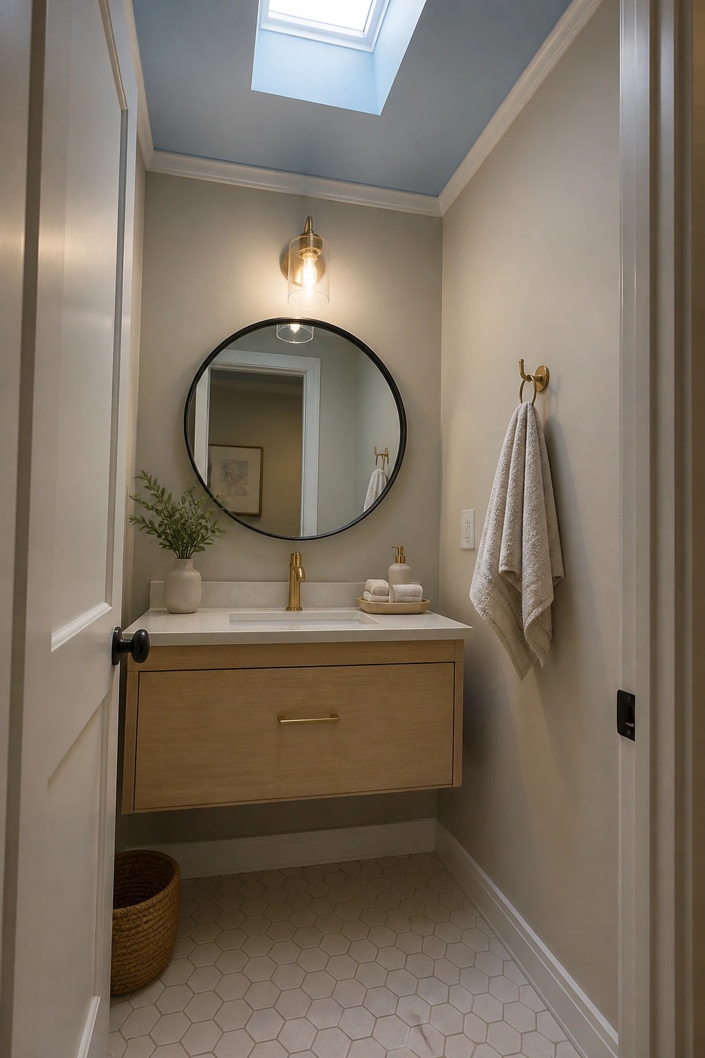 Modern bathroom with floating wood vanity, round mirror, hex tiles, and skylight.