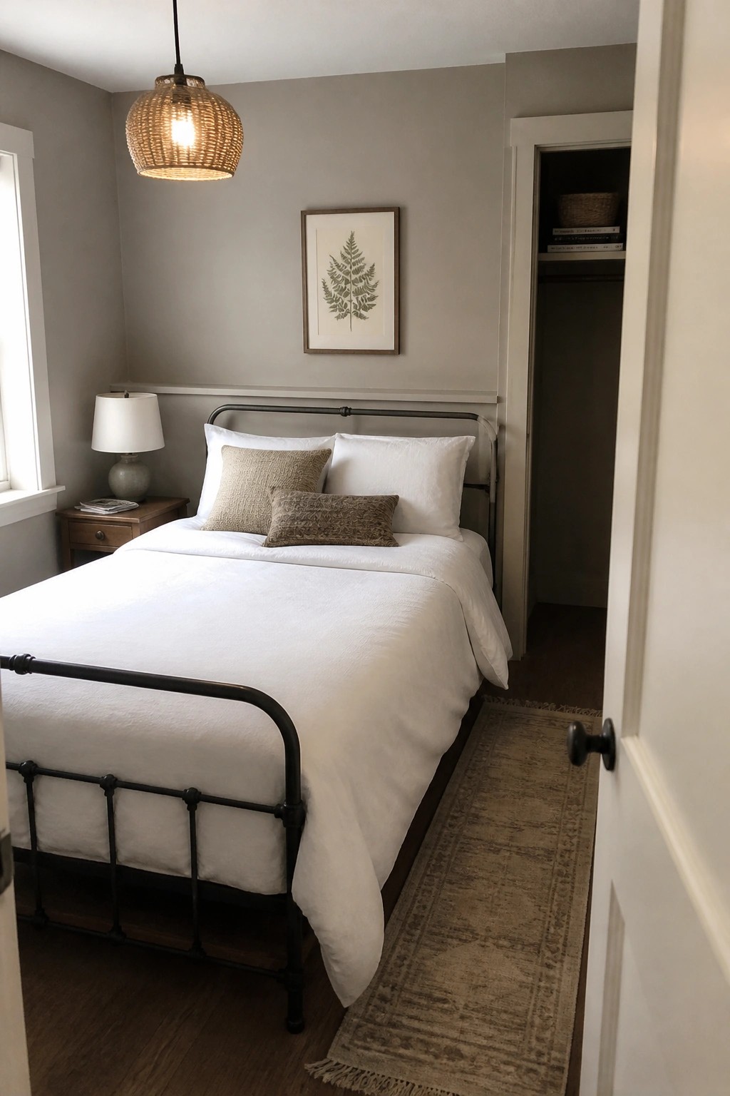Cozy bedroom with white bed, black metal frame, woven pendant light, fern art, and rug.