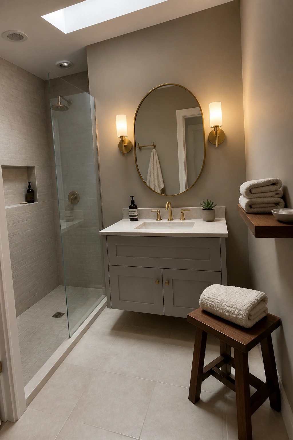 A small bathroom with soft greige walls, a marble vanity, and warm wood accents.