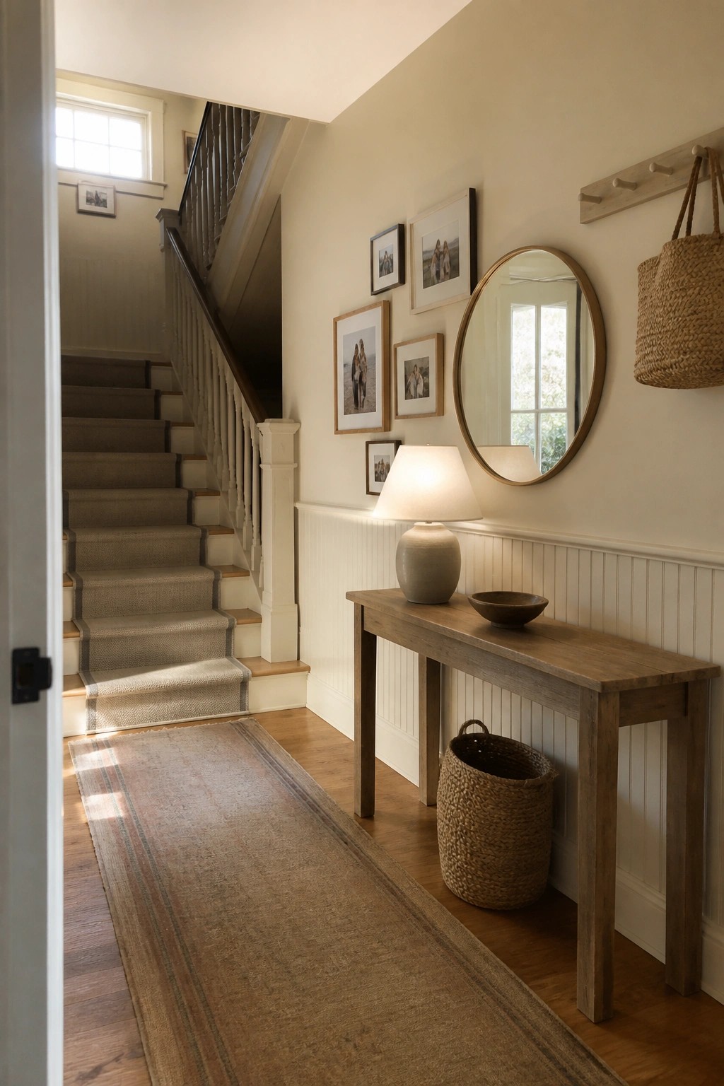 Warm off-white walls above white wainscoting in a small entry hallway with wood flooring.