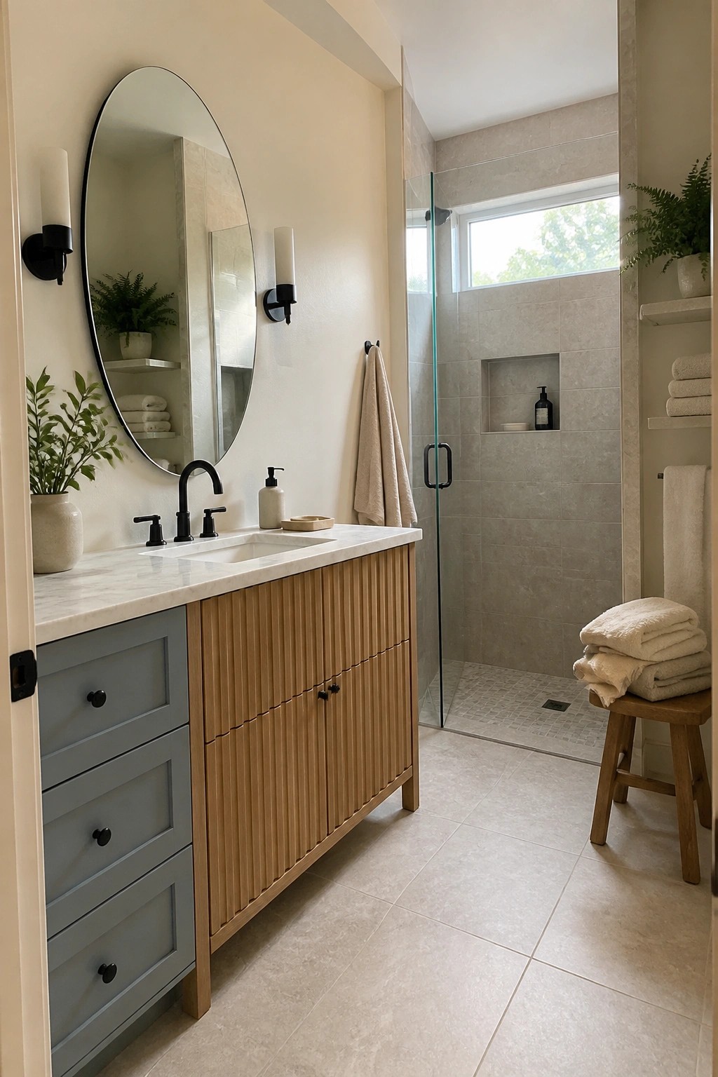 A small bathroom with warm neutral walls and a light wood vanity.