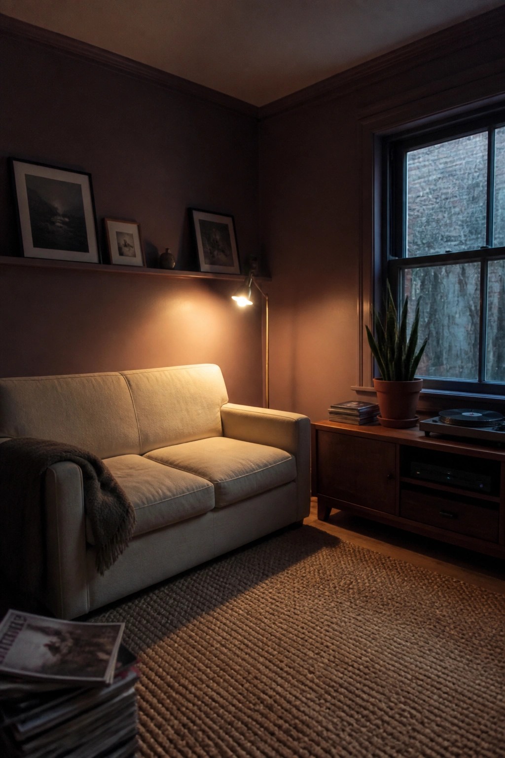 Cozy living room corner with sofa, glowing floor lamp, record player, and plant by window.