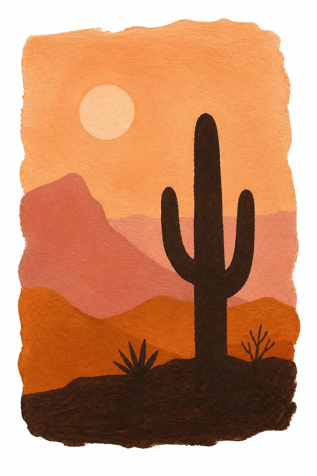 A minimalist watercolor desert scene at sunset featuring a tall saguaro cactus silhouetted against an orange sky with a pale sun and layered mountains in warm tones.
