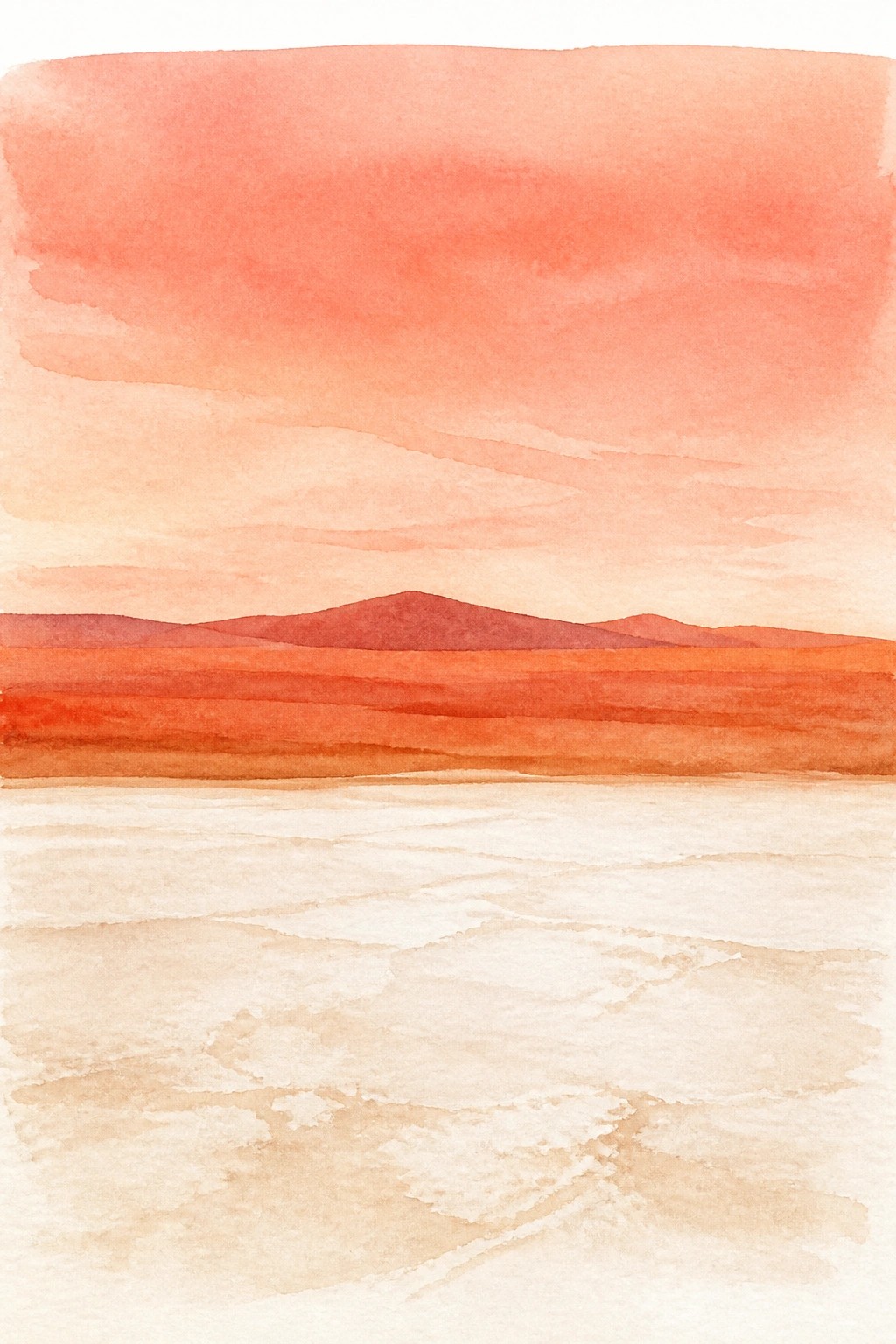 Watercolor desert scene with orange sky above red mountains and a pale beige foreground plain