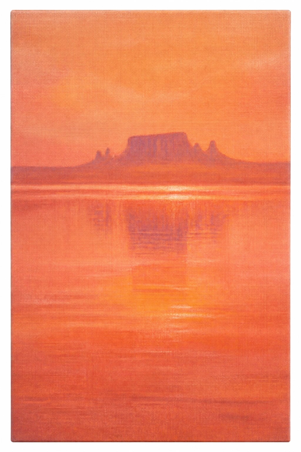 Minimalist oil painting of a desert mesa silhouette reflected in orange water under a hazy sunset sky