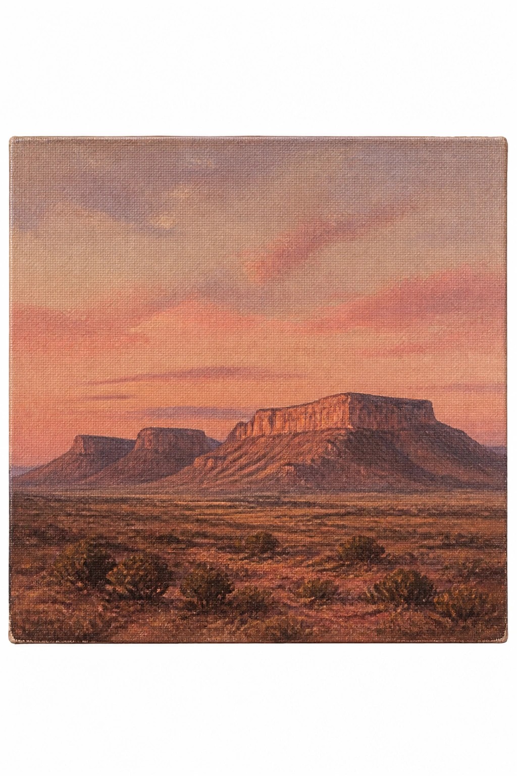 Realistic oil painting of desert mesas at sunset with orange and pink skies over an arid plain with scattered shrubs.