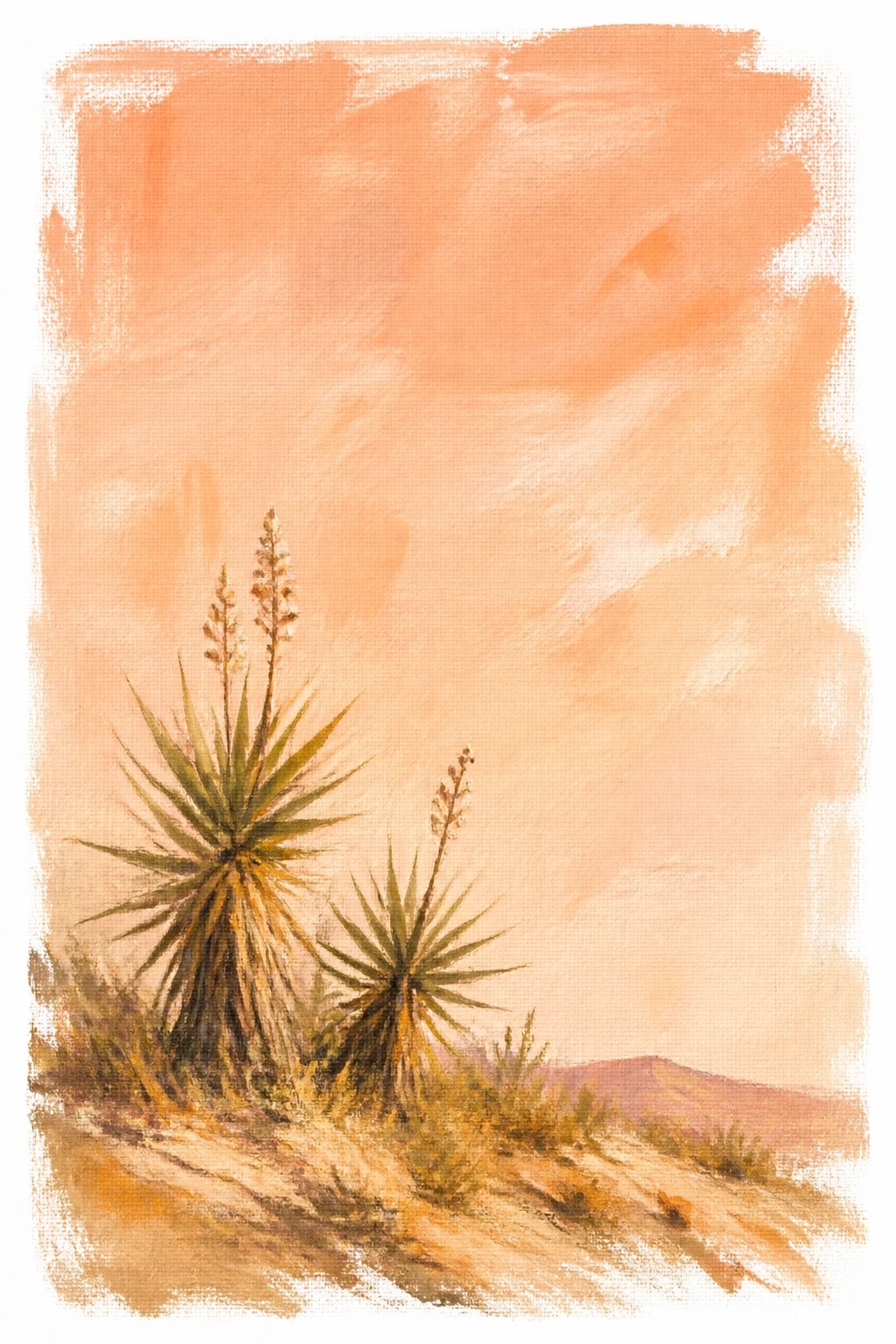 A painting of two desert yucca plants with flower stalks against an orange sky in a sandy landscape.