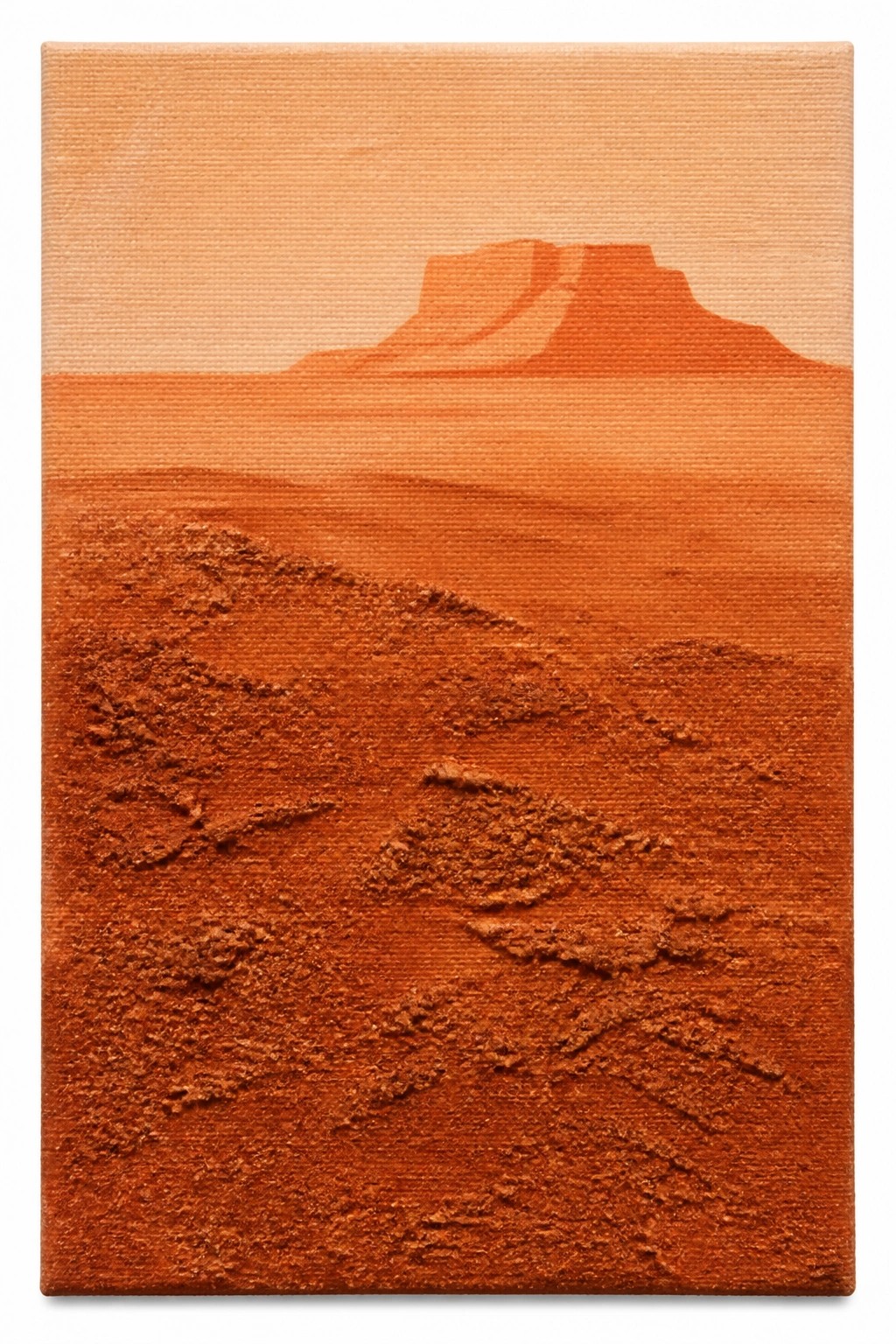 Minimalist acrylic painting of a desert mesa in warm orange tones with textured impasto foreground on canvas.