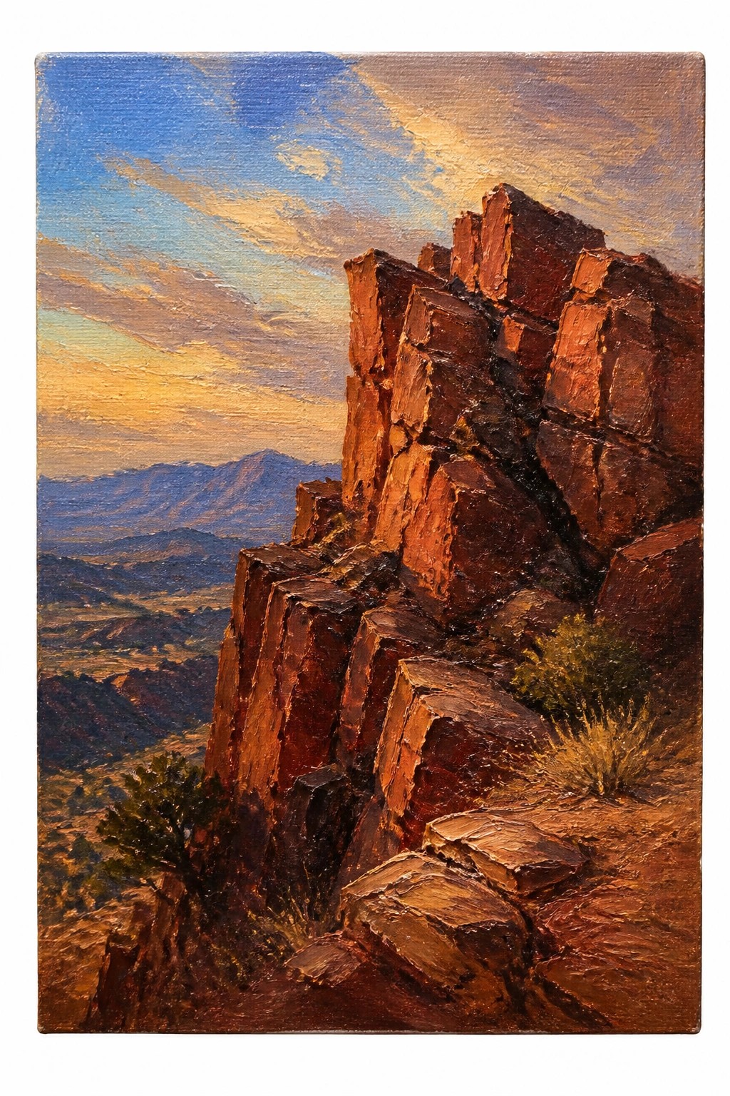 Oil painting of towering red sandstone cliffs in a desert landscape at sunset with distant mountains and sparse vegetation under a blue and golden sky