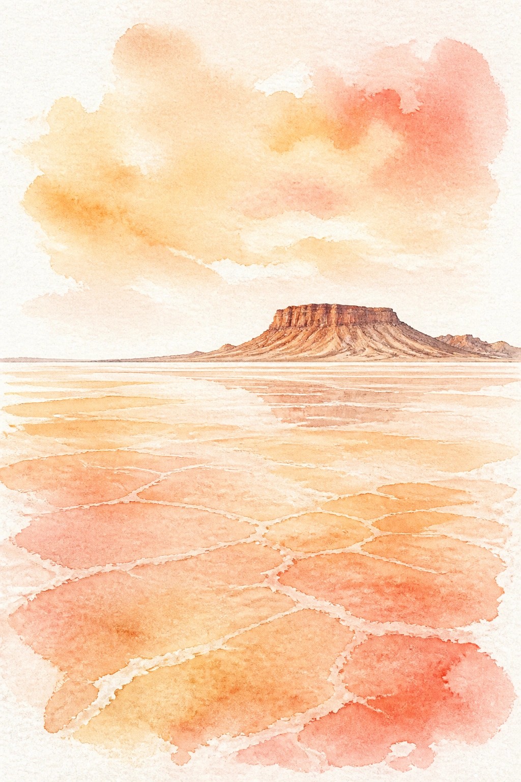 Watercolor desert scene with a mesa reflected on cracked orange salt flats under a pink and orange sky