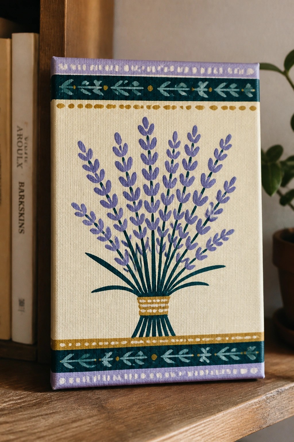 Canvas with purple lavender bouquet and teal-gold decorative borders on wooden shelf beside books