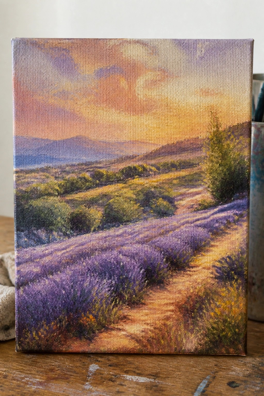Painting of lavender fields along a winding dirt path under a vibrant sunset sky.