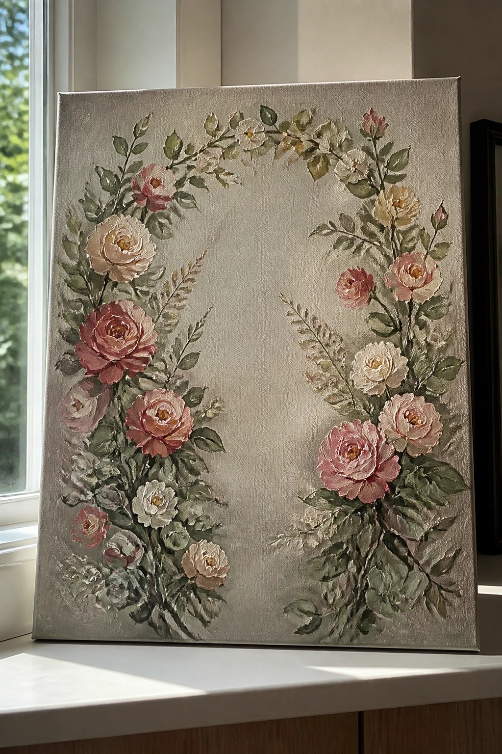 Floral painting of pink and white roses arching over a light gray canvas.