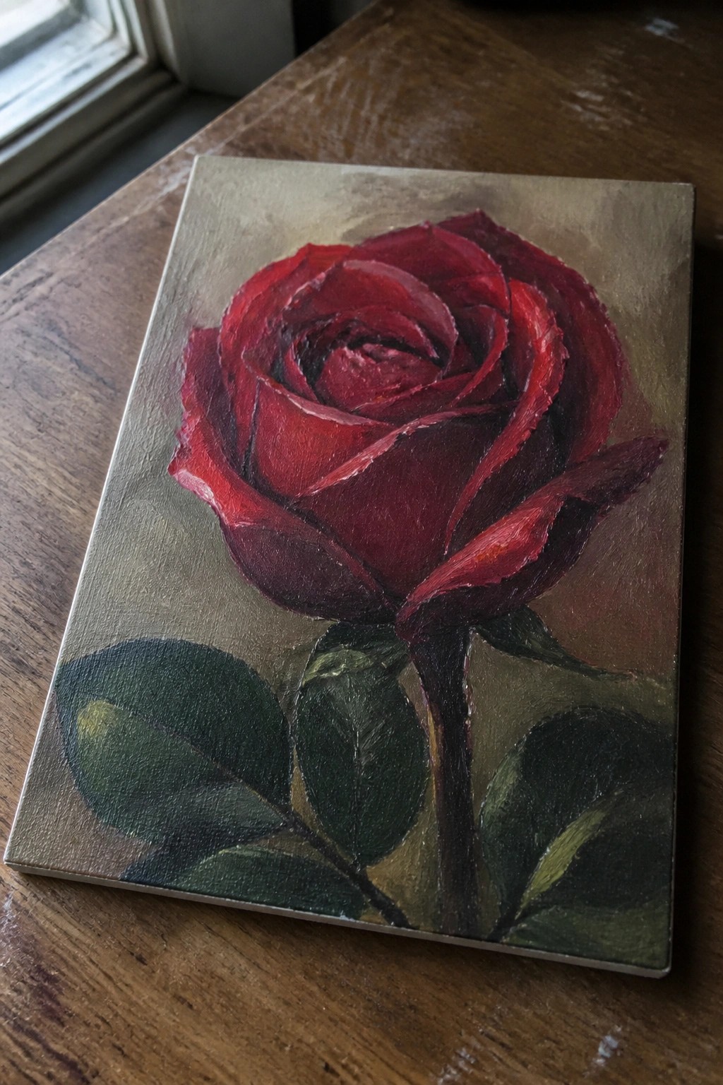 Oil painting of vibrant red rose with green leaves on canvas atop wood