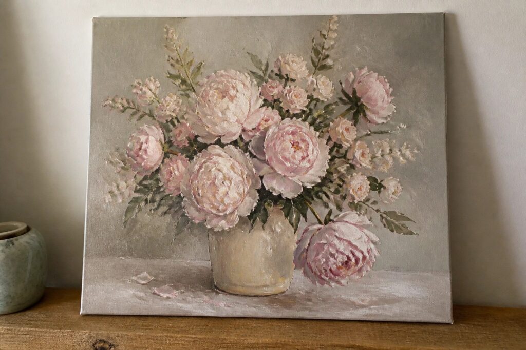 22 Gorgeous Floral Oil Painting Ideas For A Romantic Statement A realistic oil painting of pink peonies in a gray vase with some flowers lying on the surface against a muted gray background.
