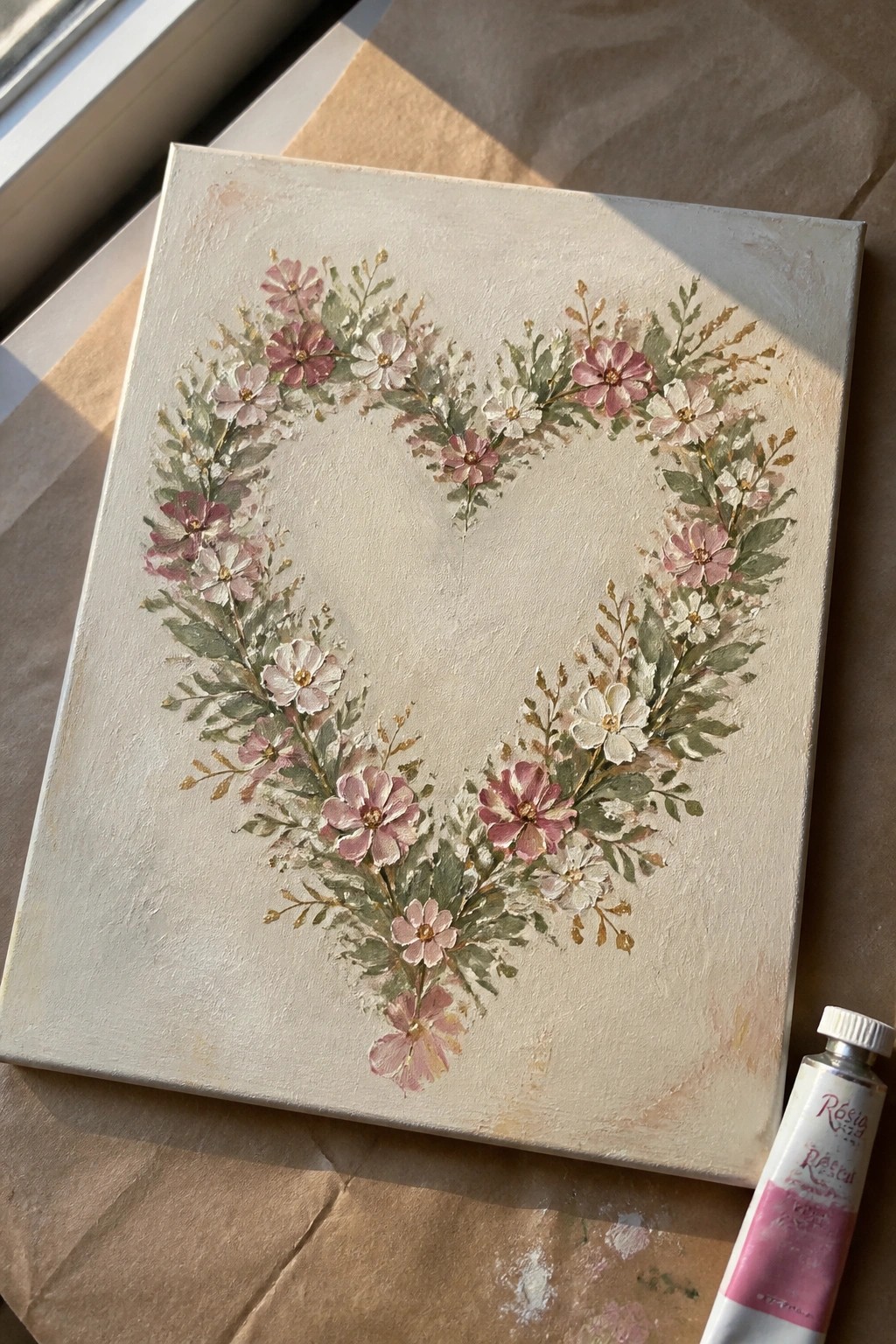 Heart-shaped floral wreath in pink and white on beige canvas beside paint tube