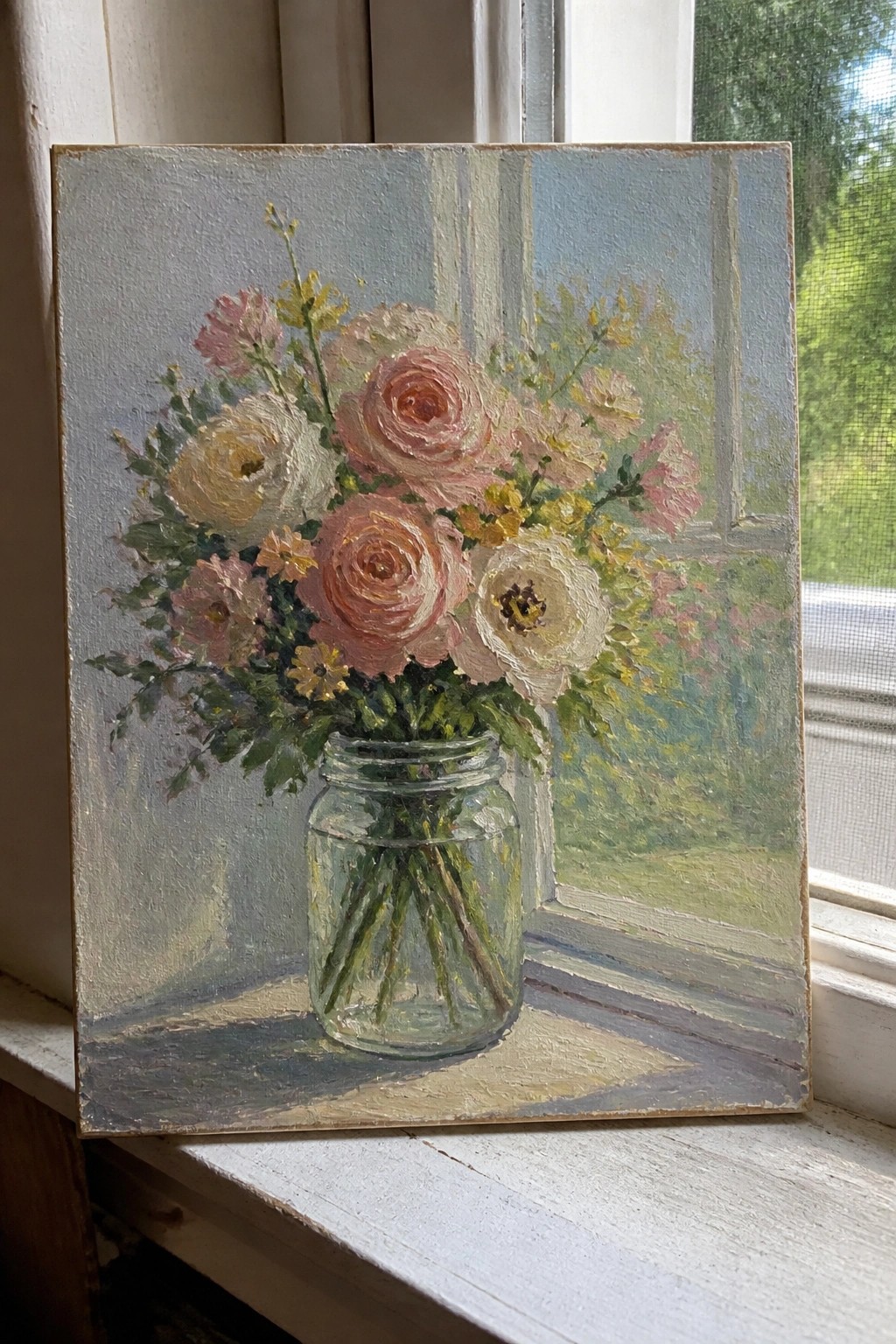 Still life painting of pink roses and yellow flowers in glass jar on windowsill