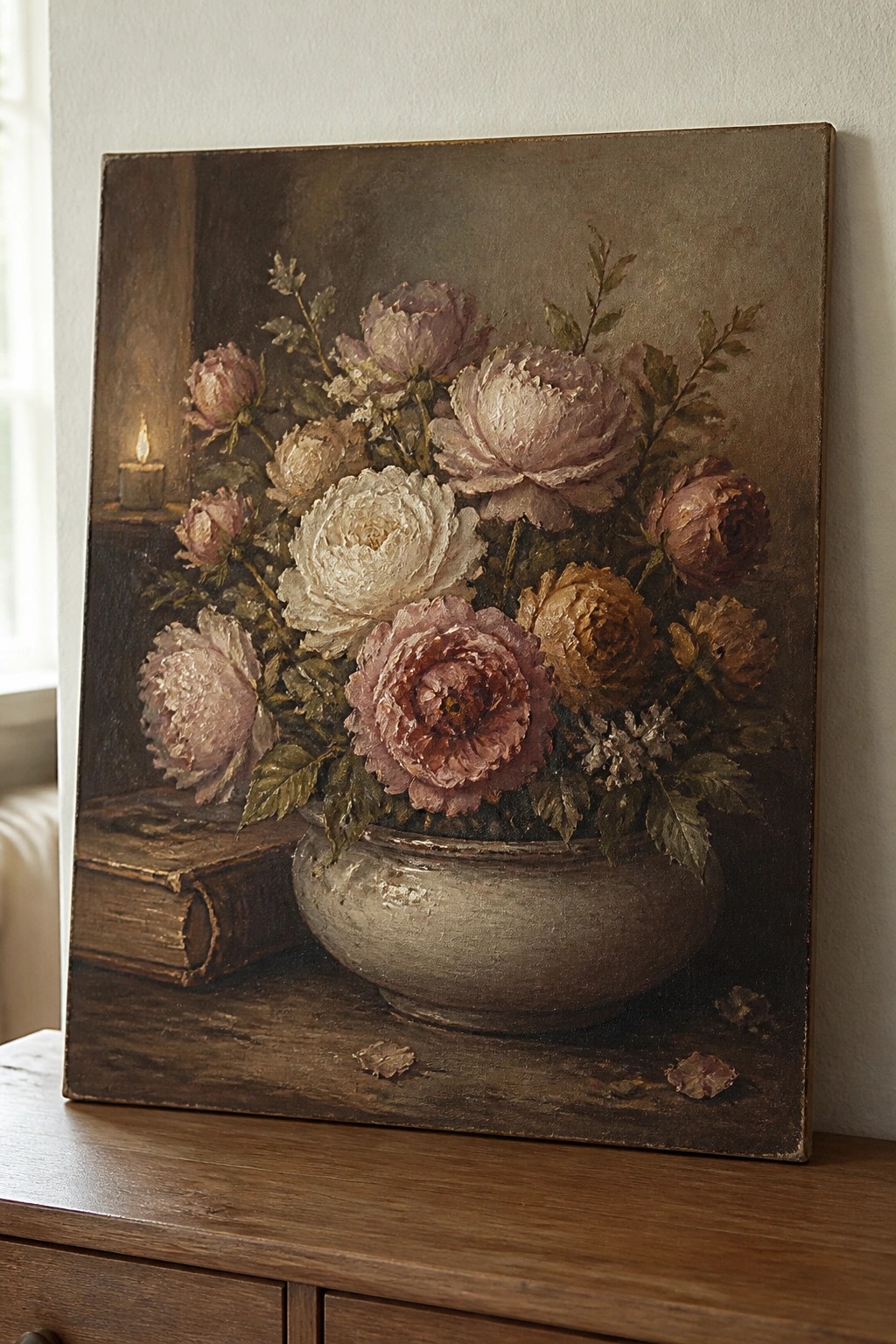 Still life painting of peonies in a vase beside a book and lit candle on wood