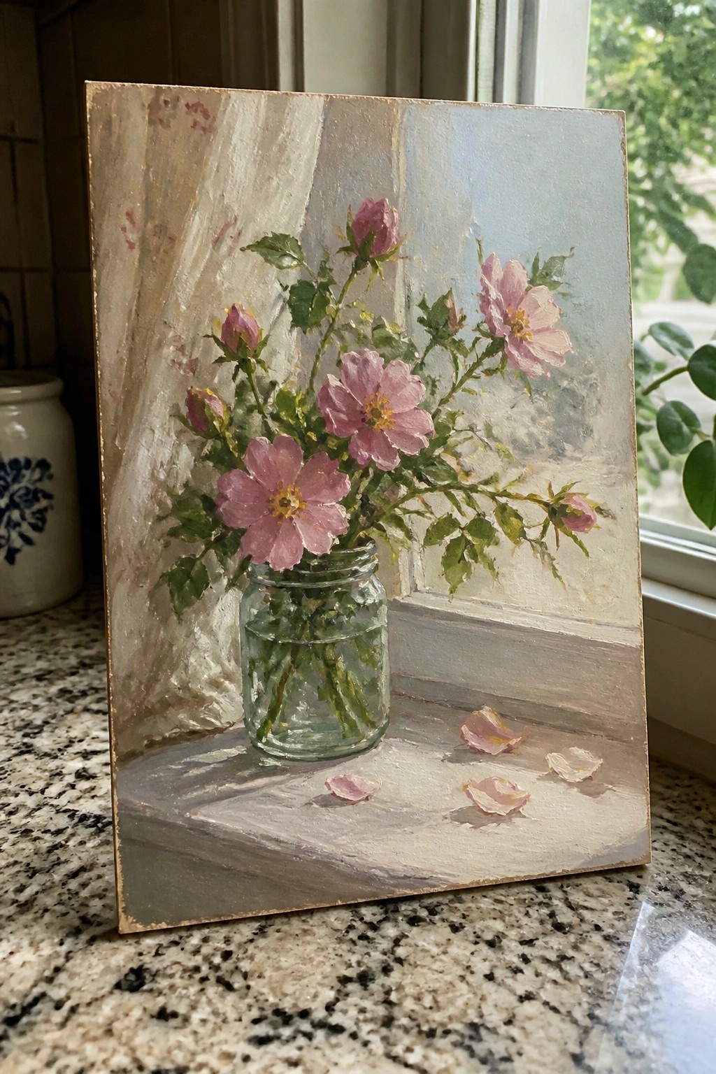 Pink flowers in glass jar on windowsill with scattered petals in soft light.