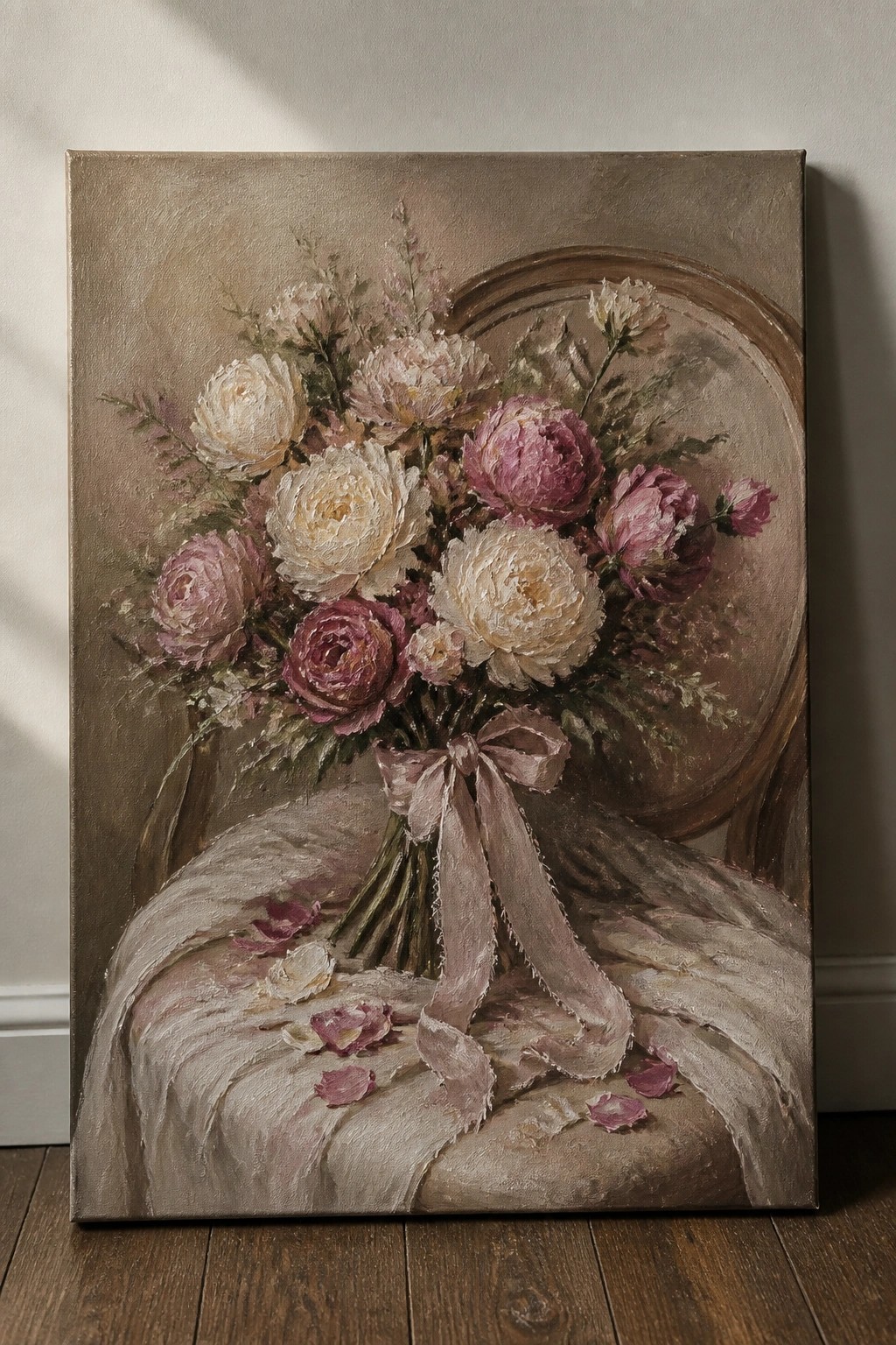 Oil painting of white and pink peonies bouquet tied with pink ribbon on draped cloth