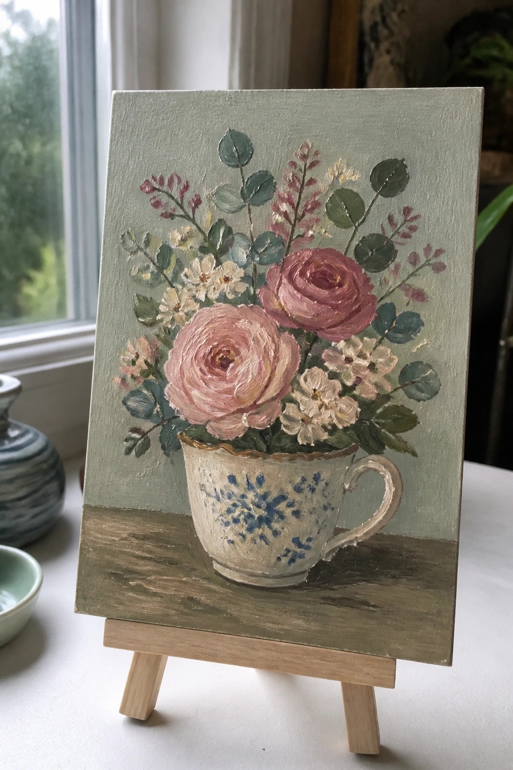 An oil painting of pink roses and smaller flowers arranged in a blue-patterned teacup on a wooden surface against a muted green background.