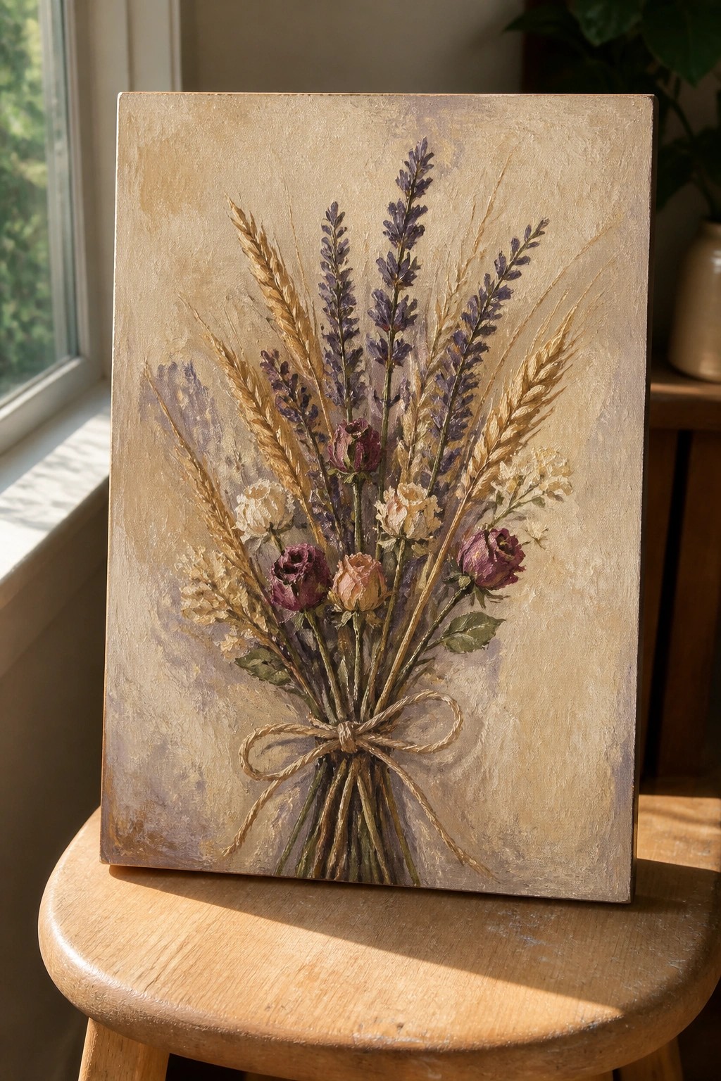 An oil painting of a tied bundle of dried lavender, wheat, and roses against a textured neutral background.