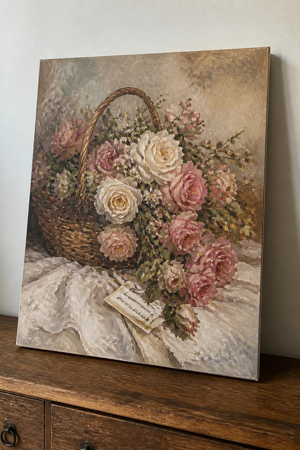 Still life painting of pink and white roses in wicker basket with note on cloth