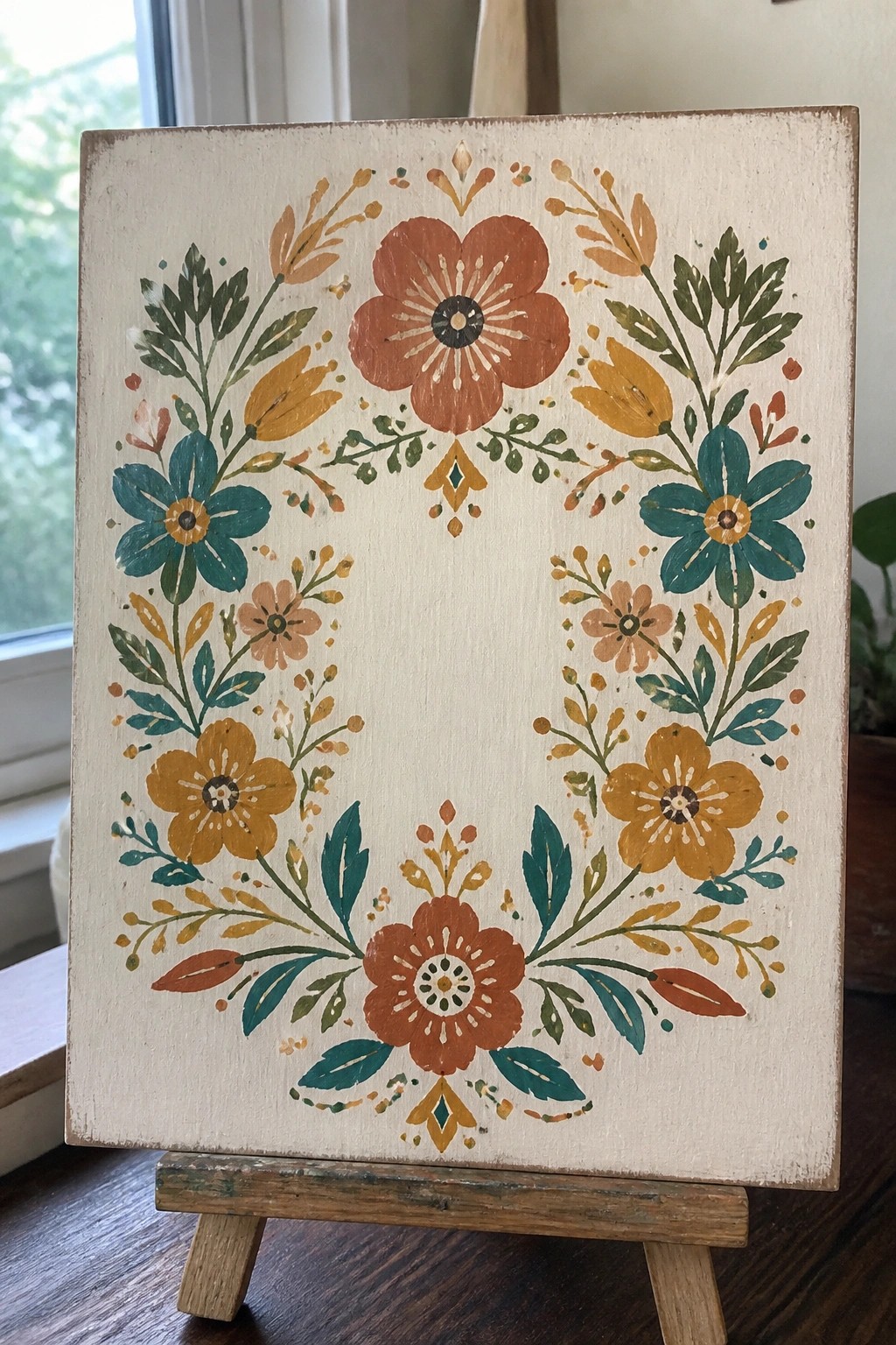 Rustic wooden sign with colorful hand-painted floral wreath on wooden easel.