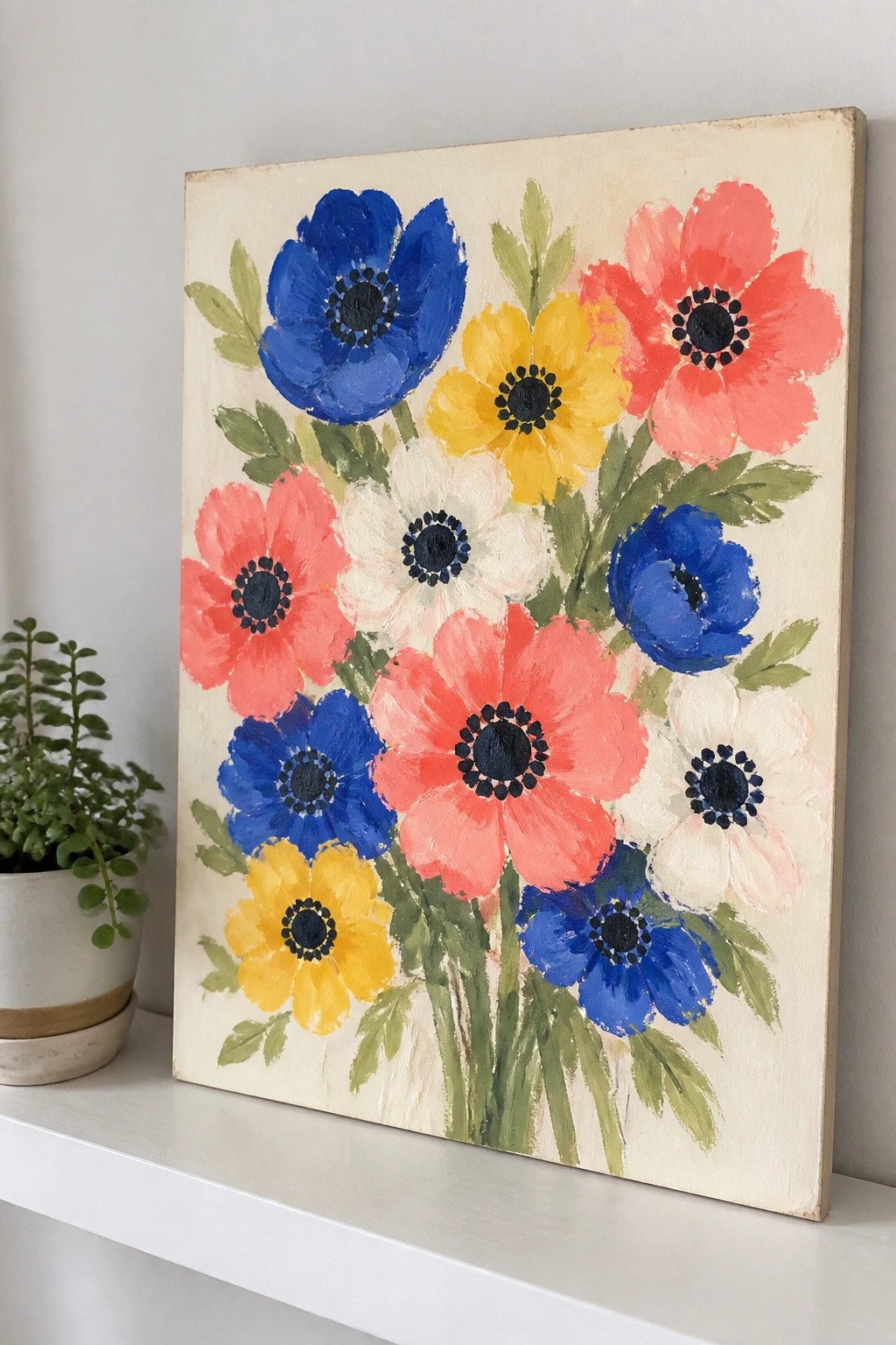 Vibrant painting of blue, red, yellow, and white flowers with green leaves on canvas
