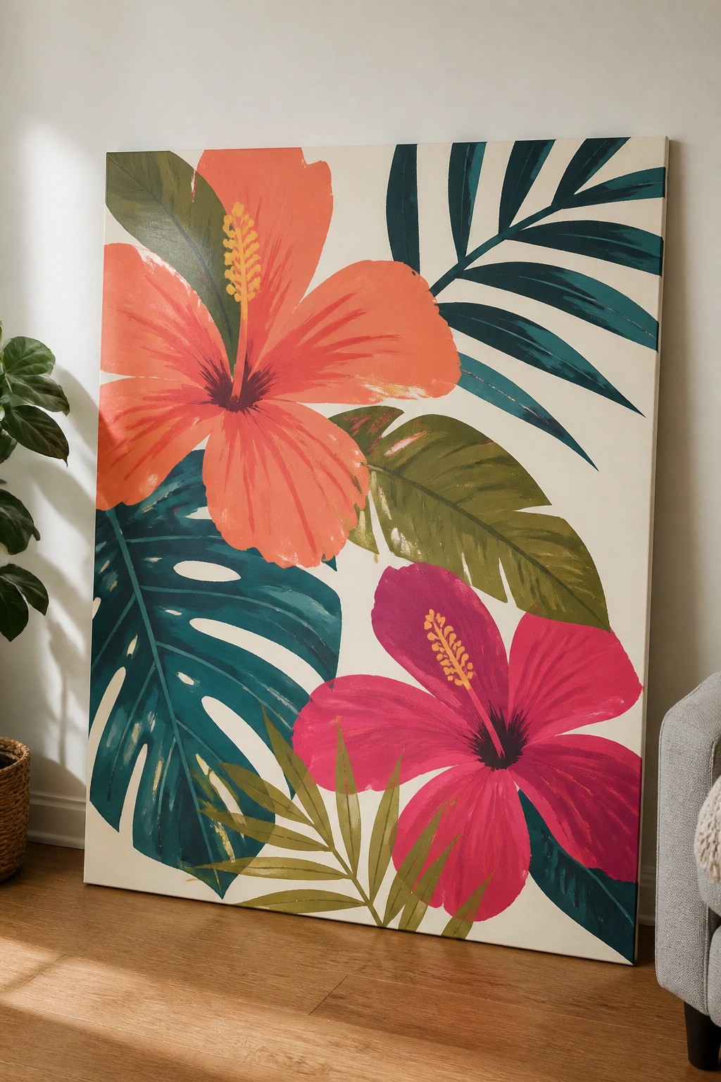 Large canvas with vibrant orange and pink hibiscus flowers amid teal tropical leaves
