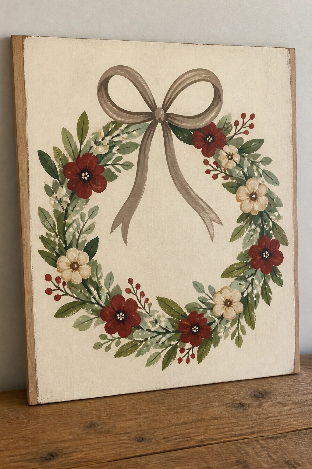 Painted wreath with red flowers, green leaves, berries, and gray bow on wood.