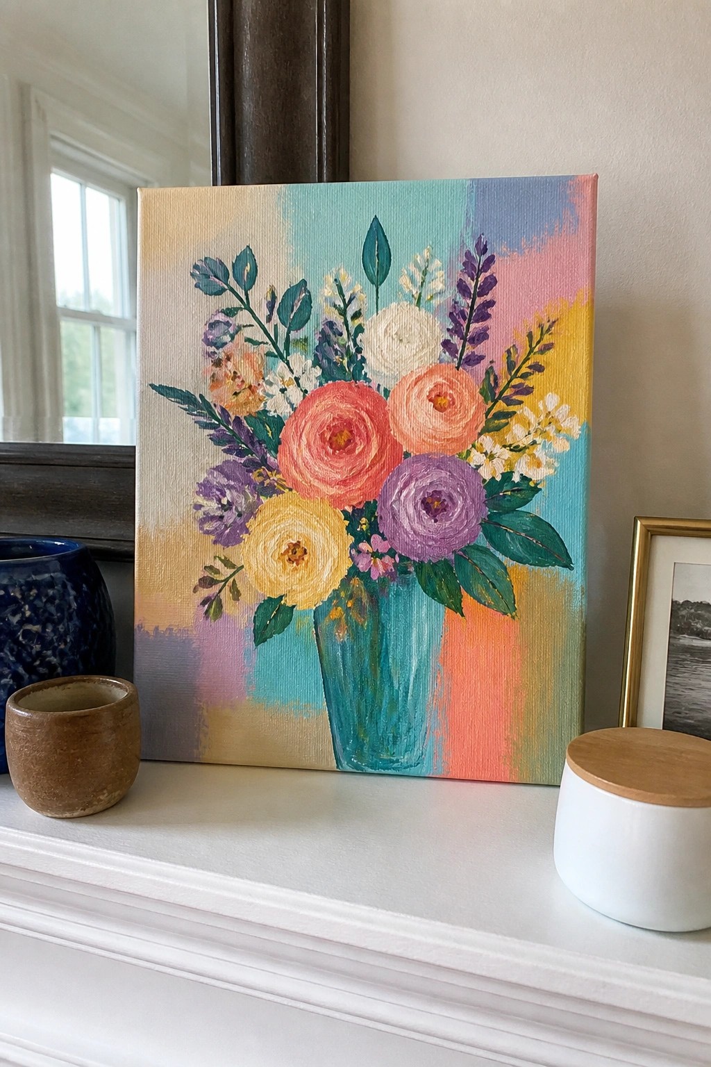 Vibrant painting of colorful flowers in blue vase against pastel background on white mantel