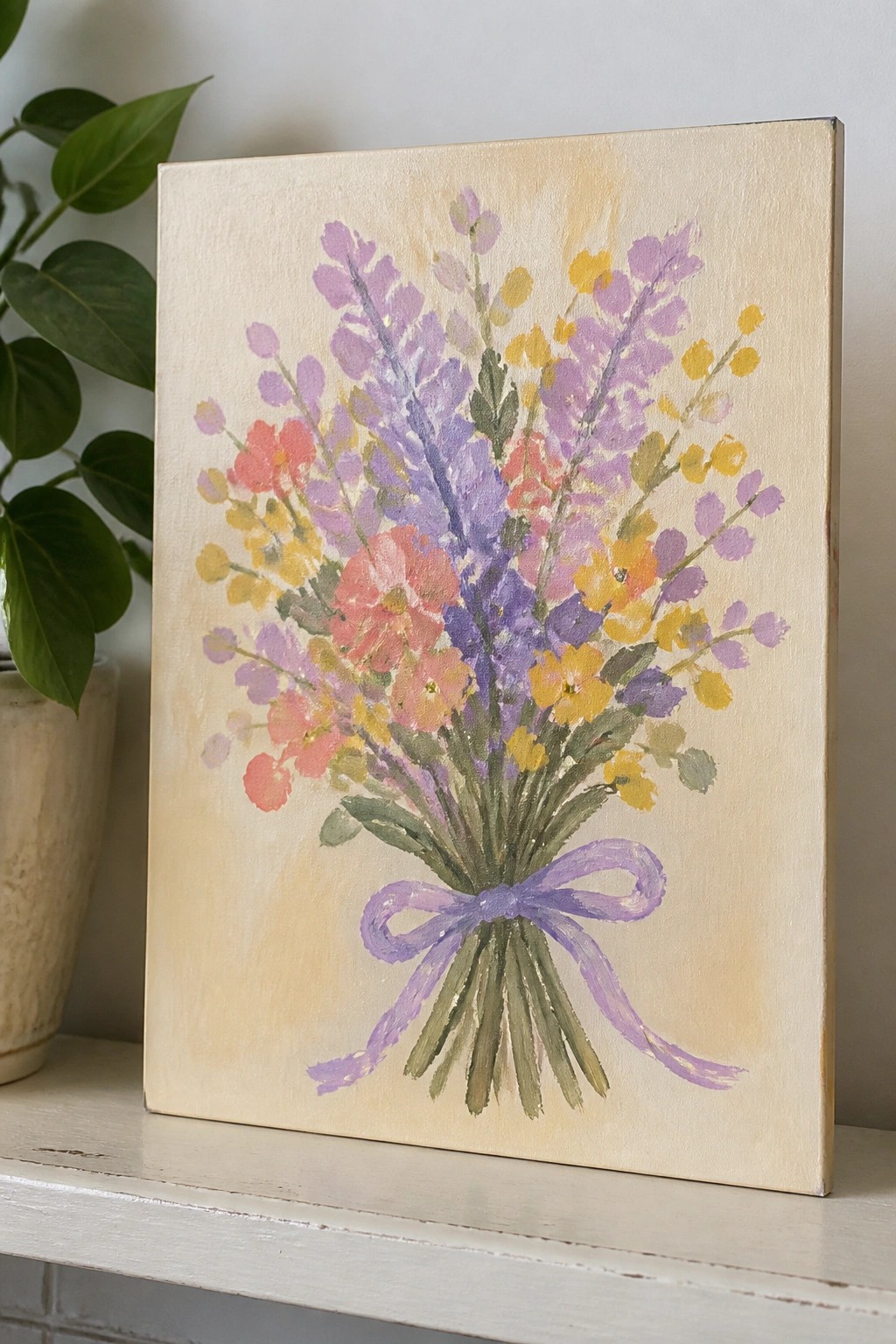 Colorful bouquet of purple, yellow, and pink flowers tied with purple ribbon on canvas